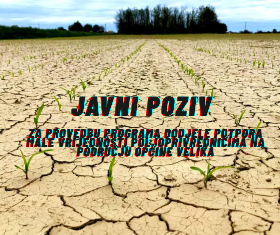 Javni poziv za provedbu Programa dodjele potpora male vrijednosti poljoprivrednicima na području Općine Velika kao pomoć za ublažavanje posljedica prirodne nepogode suše za 2024. godinu