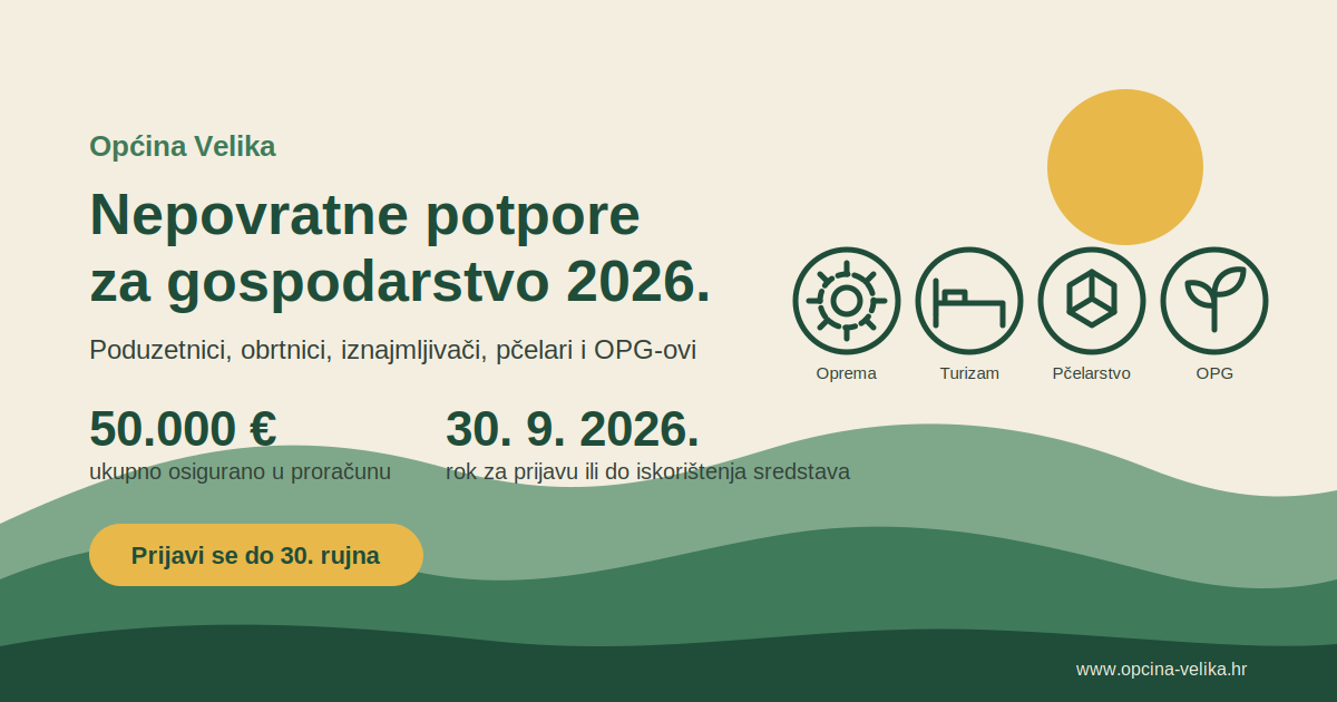 Javni poziv za dodjelu nepovratnih potpora iz Programa razvoja gospodarstva Općine Velika za 2026. godinu