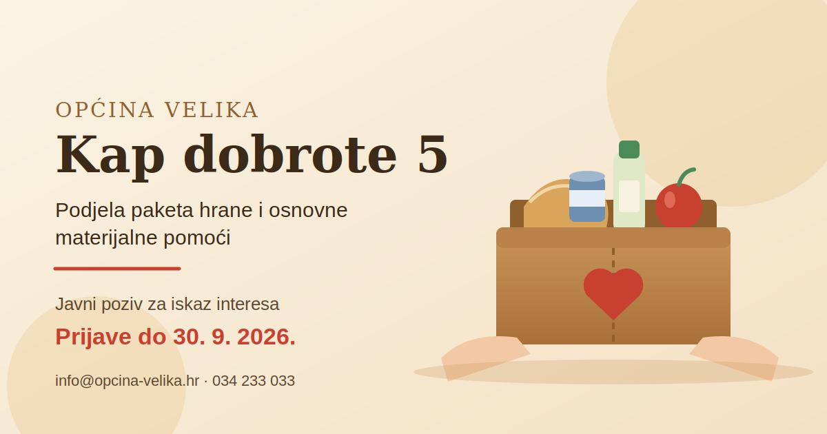 Javni poziv za uključivanje u projekt „Kap dobrote 5“ – podjela paketa hrane i osnovne materijalne pomoći